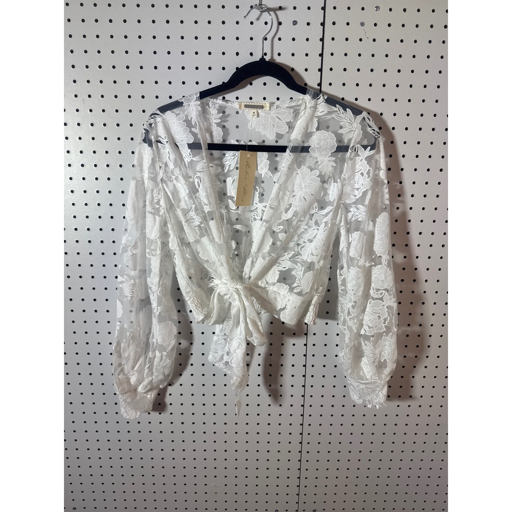 Amber Skies White Floral Lace Tie Front Crop Top Sheer Long Sleeve Blouse Medium